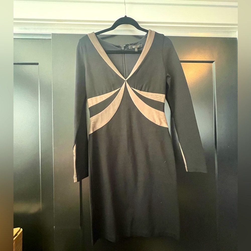 BCBG MaxAzria body con dress vneck with nude mesh cutouts